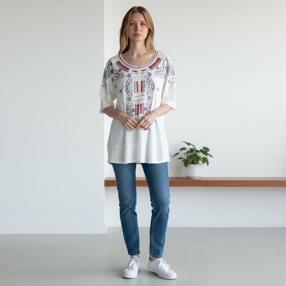 Sundance Embroidered Ivory Tunic Top, S